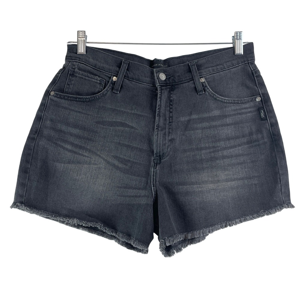 Silver Jeans Co Highly Desirable‎ Black Denim Shorts High Rise Raw Hem Size 34